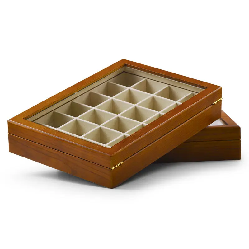 Premium glass-top jewelry display box with customizable wood base and velvet-lined interior for luxury retail presentation