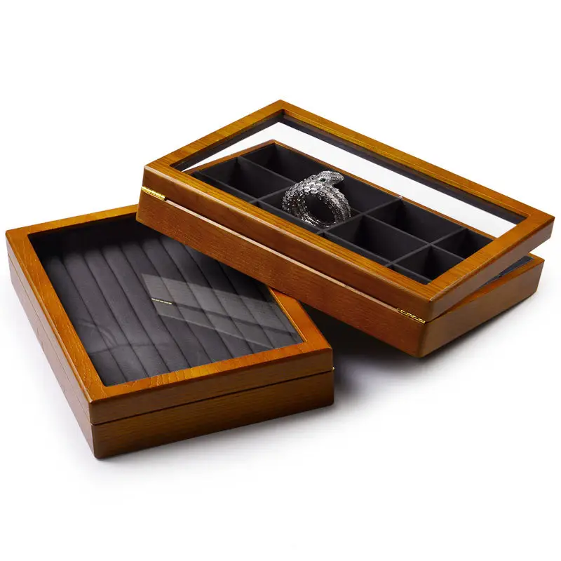 Premium glass-top jewelry display box with customizable wood base and velvet-lined interior for luxury retail presentation