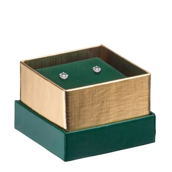 Gold-accented cardboard earring box with custom logo branding and protective foam insert