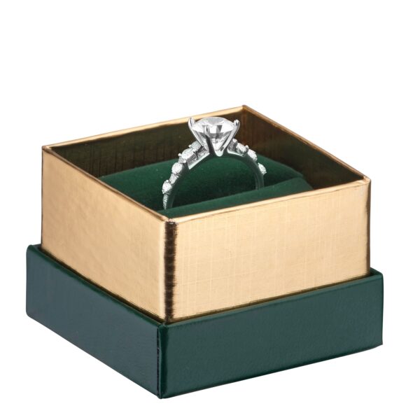Gold-accented rigid cardboard ring box with custom logo printing and foam insert, ideal for luxury jewelry packaging