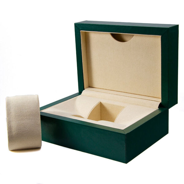 Custom Green Leather Watch Gift Box with Full Branding & Customization Options Custom green leather watch gift box with embossed logo and removable foam insert for jewelry packaging