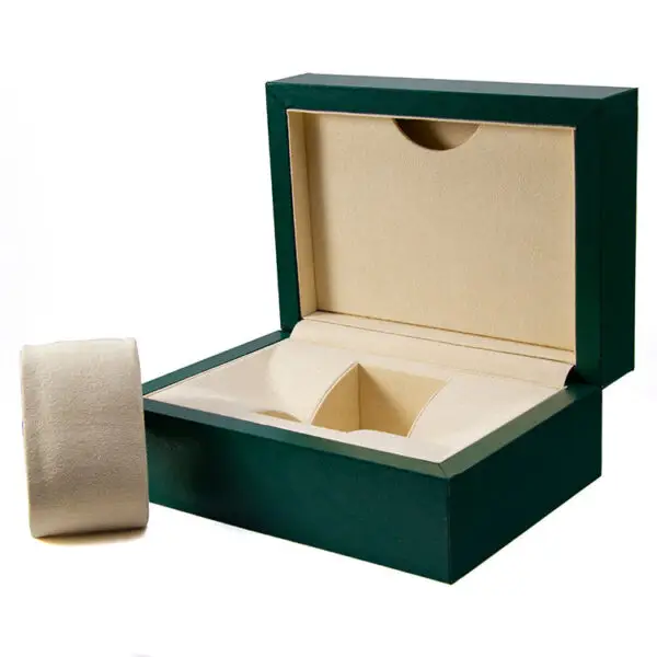Custom green leather watch gift box with embossed logo and removable foam insert for jewelry packaging