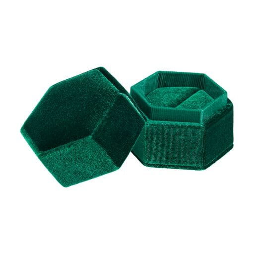 Premium Hexagon Velvet Ring Box – Forever Collection | Custom Jewelry Packaging Hexagon-shaped premium velvet ring box with ribbed texture in deep jewel tones, showing custom white-label branding option
