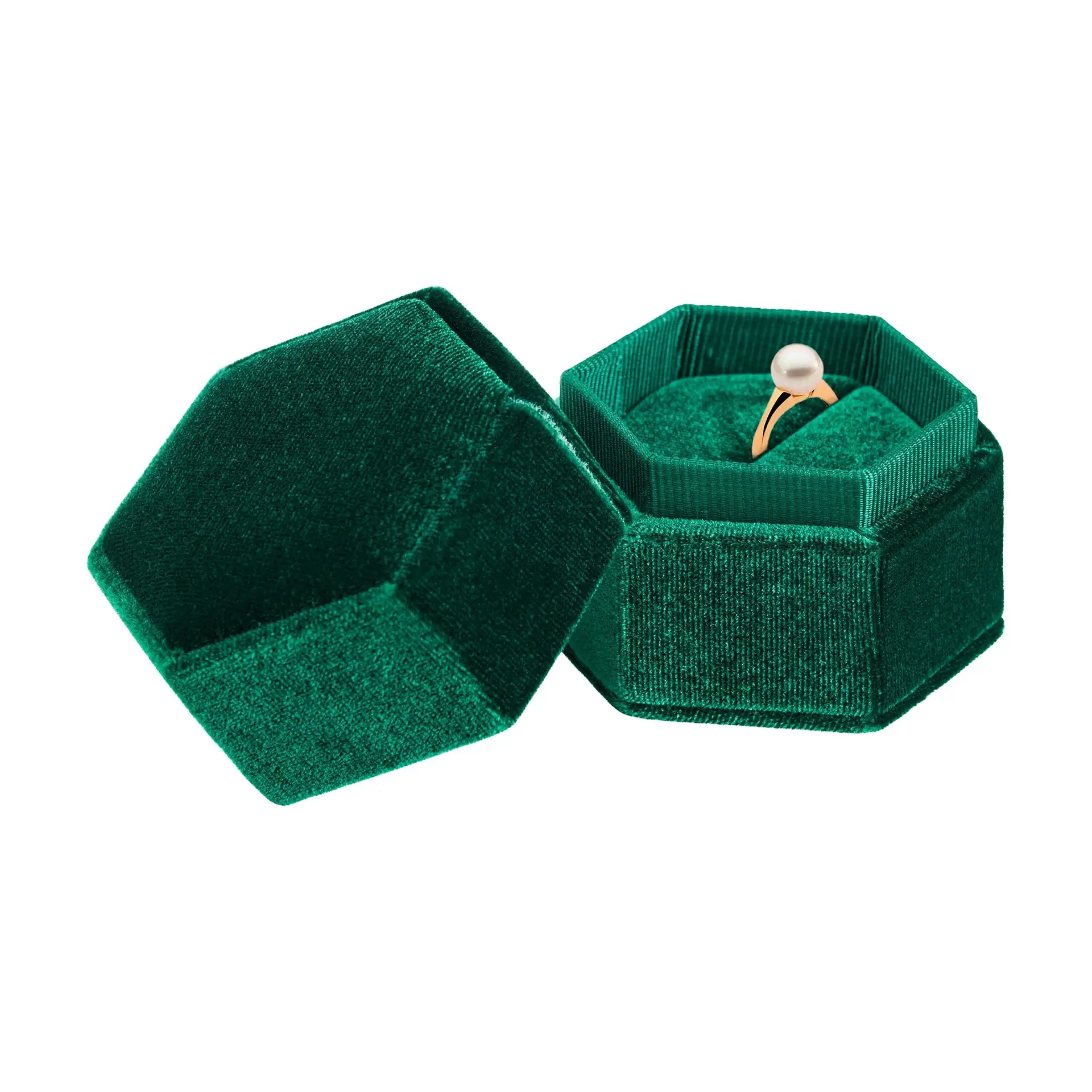 Hexagon-shaped premium velvet ring box with ribbed texture in deep jewel tones, showing custom white-label branding option
