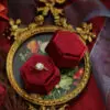 Custom hexagon velvet ring boxes in assorted colors with suede flocking and plush interior insert, luxury jewelry packaging