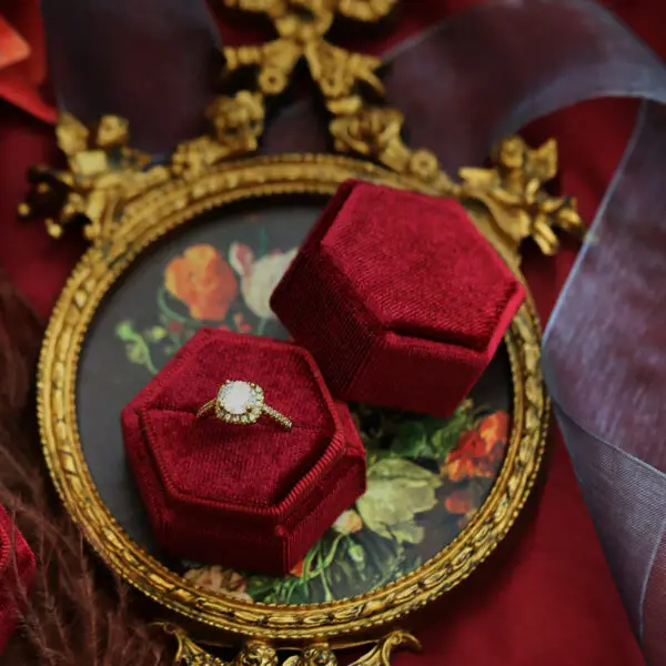 Custom hexagon velvet ring boxes in assorted colors with suede flocking and plush interior insert, luxury jewelry packaging