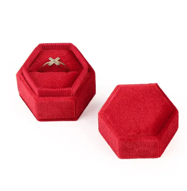 Custom hexagon velvet ring boxes in assorted colors with suede flocking and plush interior insert, luxury jewelry packaging