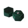 Custom hexagon velvet ring boxes in assorted colors with suede flocking and plush interior insert, luxury jewelry packaging