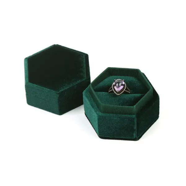 Custom hexagon velvet ring boxes in assorted colors with suede flocking and plush interior insert, luxury jewelry packaging