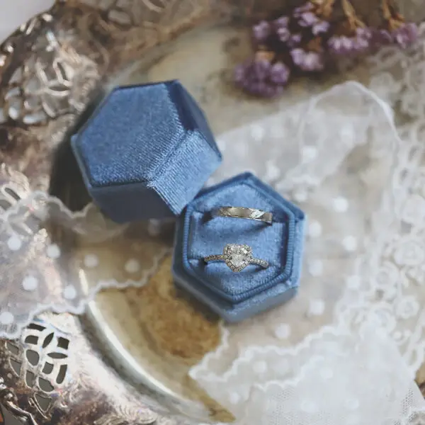 Custom hexagon velvet ring boxes in assorted colors with suede flocking and plush interior insert, luxury jewelry packaging
