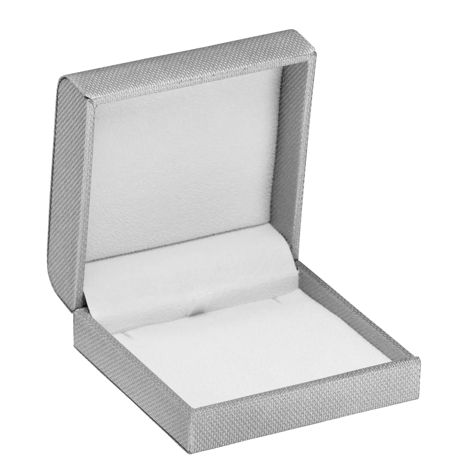 Custom weave-texture rigid jewelry box with contemporary finish and customizable logo branding with interior foam insert