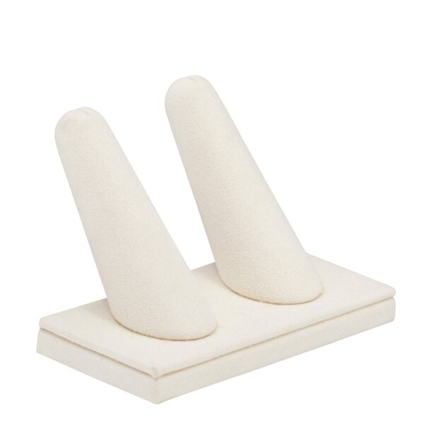 Custom Suede Double-Ring Finger Display Stand Premium suede double-ring display stand showcasing two rings with elegant branding customization