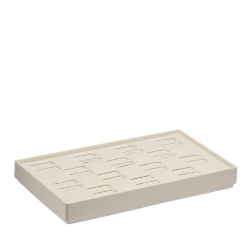 Custom leatherette ring display tray with 14 slots, stackable design, and branded logo imprinting for jewelry retail