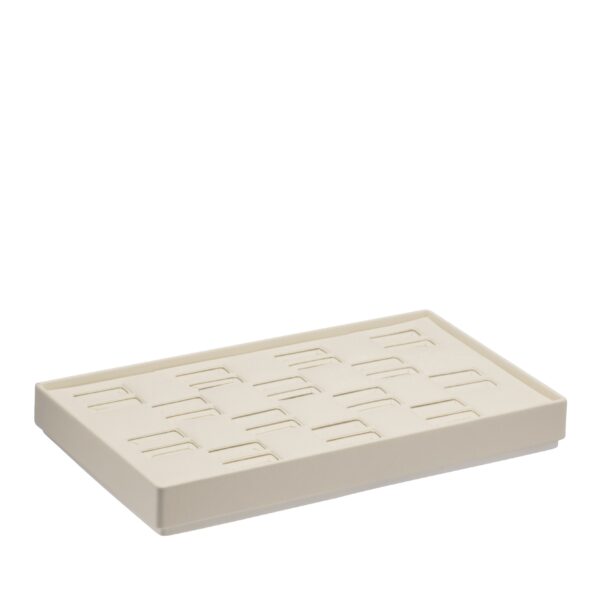 Custom leatherette ring display tray with 14 slots, stackable design, and branded logo imprinting for jewelry retail