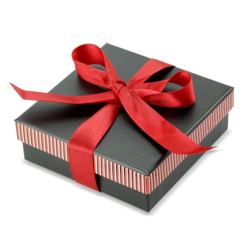 Custom Striped Bow Rigid Gift Box for Jewelry – Flourish Collection Custom striped bow rigid gift jewelry box with adjustable foam insert, shown with branded lid and interior layout