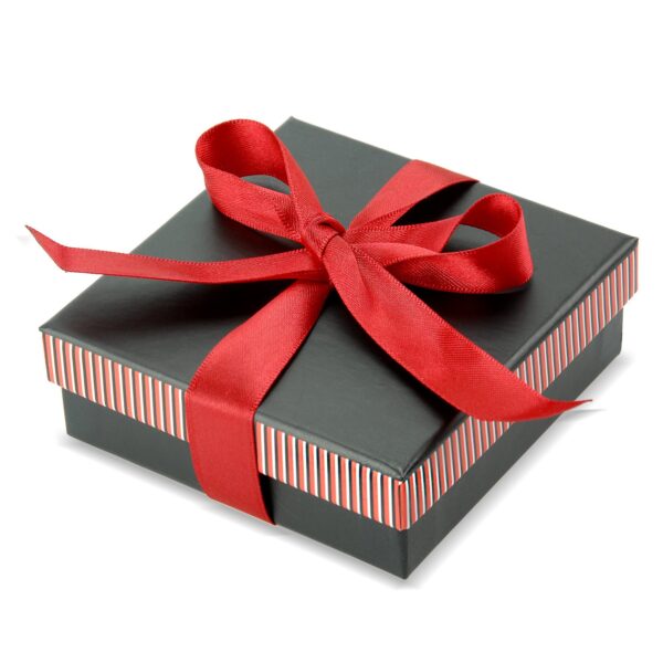 Custom striped bow rigid gift jewelry box with adjustable foam insert, shown with branded lid and interior layout