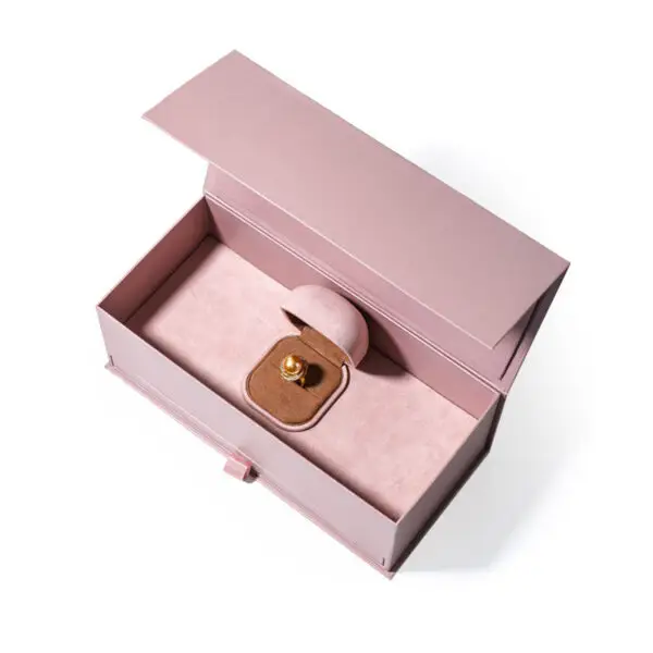 Soft mist pink pearl luxury rigid jewelry gift box with custom logo branding and foam insert