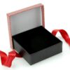 Custom striped bow rigid gift jewelry box with adjustable foam insert, shown with branded lid and interior layout