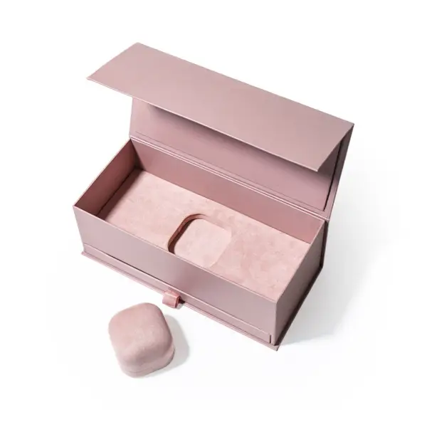 Soft mist pink pearl luxury rigid jewelry gift box with custom logo branding and foam insert