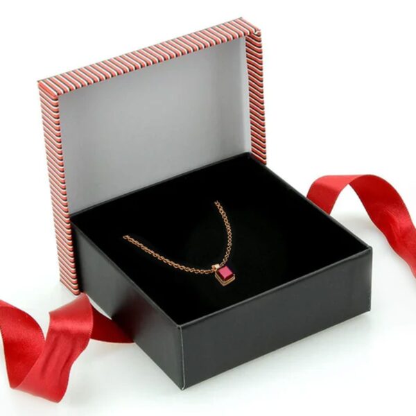 Custom striped bow rigid gift jewelry box with adjustable foam insert, shown with branded lid and interior layout