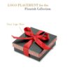 Custom striped bow rigid gift jewelry box with adjustable foam insert, shown with branded lid and interior layout
