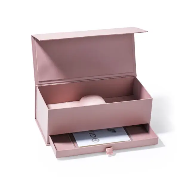 Soft mist pink pearl luxury rigid jewelry gift box with custom logo branding and foam insert