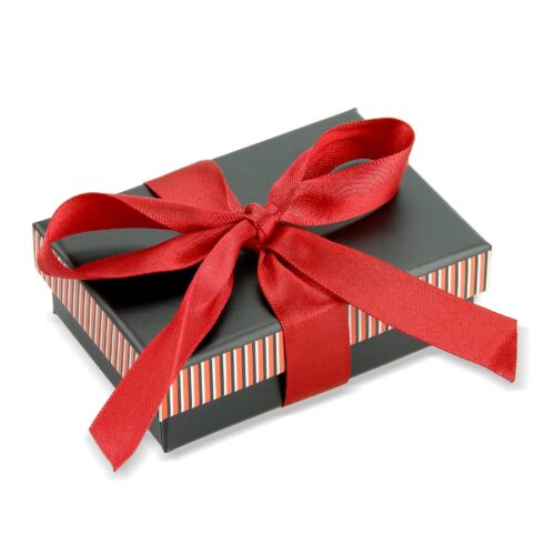 Custom striped bow rigid pendant and earring gift box with premium velvet interior for luxury jewelry packaging