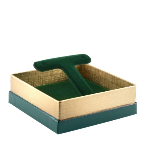 Gold accent cardboard jewelry box with custom branding, foam insert, and professional presentation