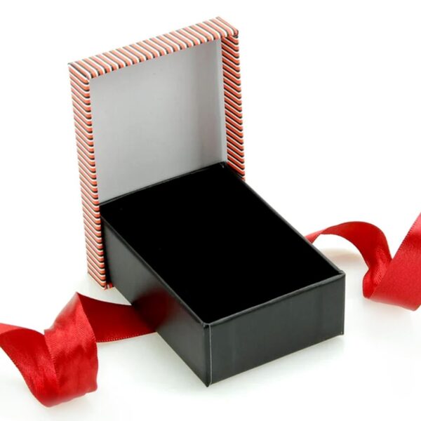 Custom striped bow rigid pendant and earring gift box with premium velvet interior for luxury jewelry packaging