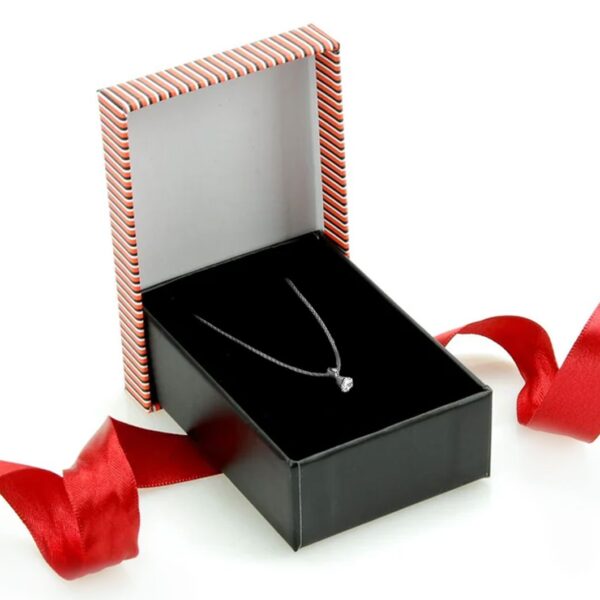 Custom striped bow rigid pendant and earring gift box with premium velvet interior for luxury jewelry packaging
