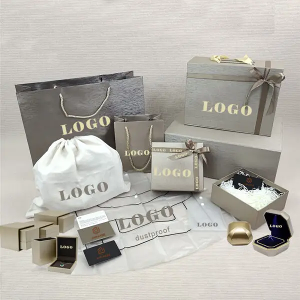 Custom white-label luxury paper jewelry shopping bag with matching pouch, fully customizable branding