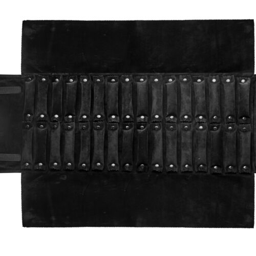 Custom jewelry roll with 32 ring storage tubes, cushioned compartments, branded exterior