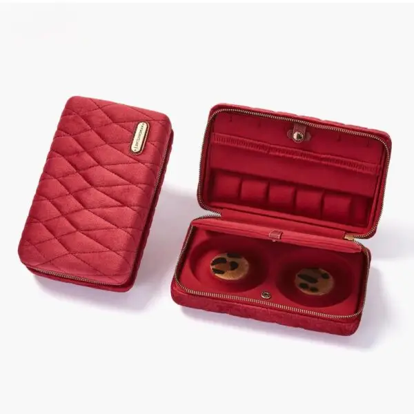 Premium custom velvet jewelry travel pouches with embroidered logo in burgundy and navy