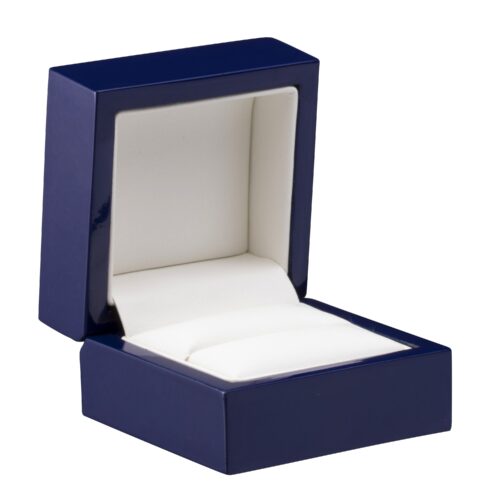 Luxury wooden lacquered ring box with custom logo engraving, premium finish and velvet interior insert