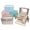 Custom large leather jewelry box with embossed logo, featuring velvet interior inserts and premium leather finish