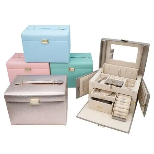 Custom large leather jewelry box with embossed logo, featuring velvet interior inserts and premium leather finish