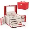 Custom large leather jewelry box with embossed logo, featuring velvet interior inserts and premium leather finish