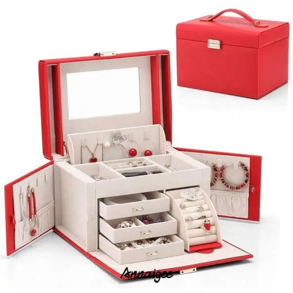 Custom large leather jewelry box with embossed logo, featuring velvet interior inserts and premium leather finish