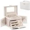 Custom large leather jewelry box with embossed logo, featuring velvet interior inserts and premium leather finish