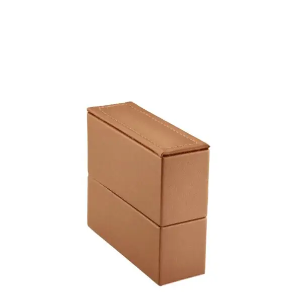 Premium leather bangle box with custom embossed logo and silk-lined interior, open and closed views