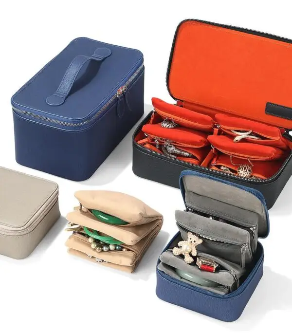 Premium custom leather travel jewelry box with soft velvet pockets and multi-compartment storage for jewelry organization