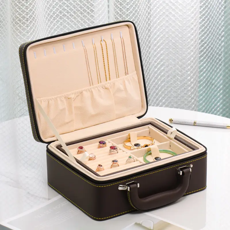 Custom multi-layer leather jewelry box with logo branding, velvet compartments, and customizable interior