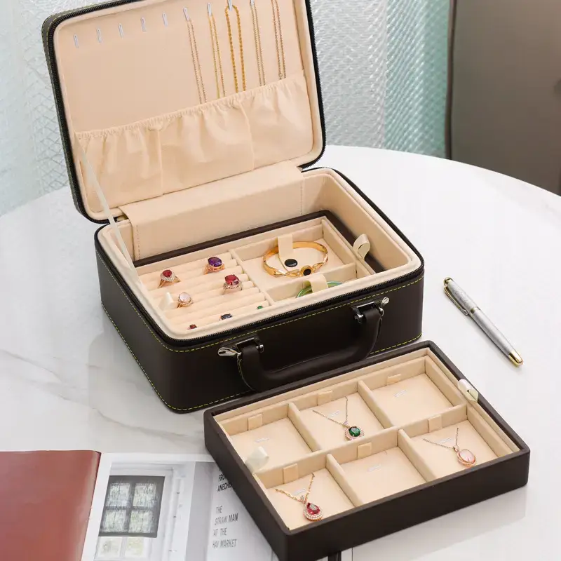 Custom multi-layer leather jewelry box with removable trays and compartments for retail packaging