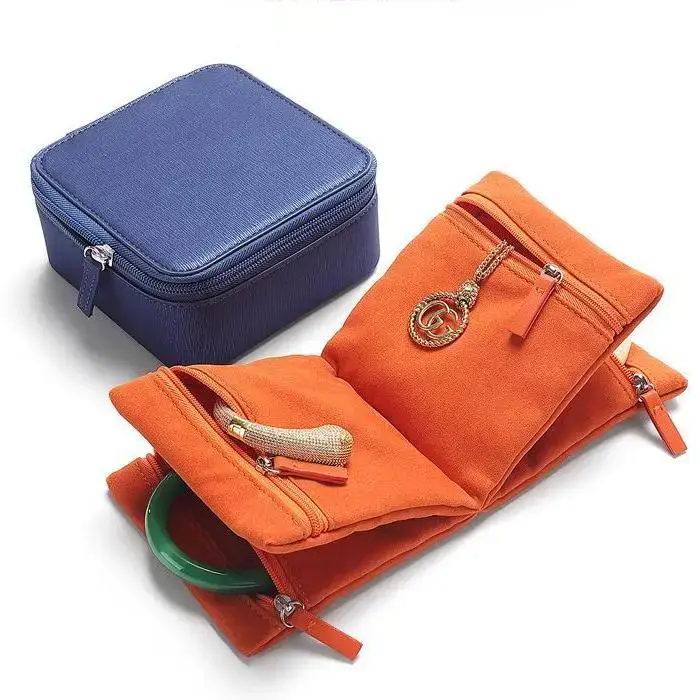 Premium custom leather travel jewelry box with soft velvet pockets and multi-compartment storage for jewelry organization