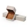 Premium gray leather flip-top jewelry box with custom logo branding, luxury retail packaging