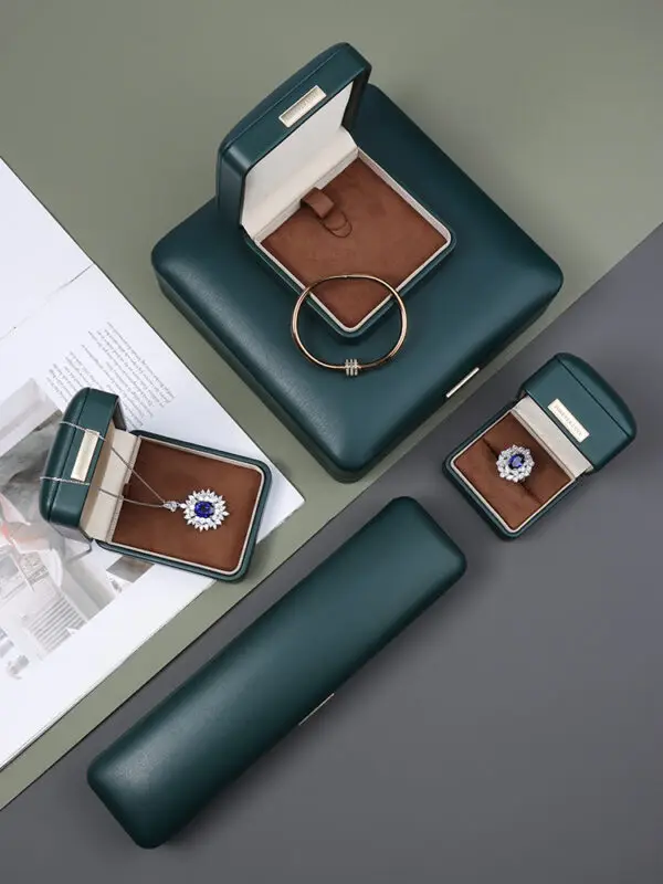 Premium leather jewelry box with custom embossed logo, luxury packaging for jewelry retailers and boutiques
