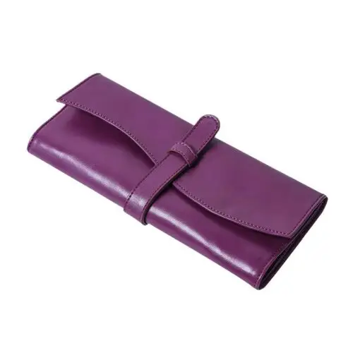Custom purple leather jewelry roll bag with personalized branding and interior pockets for traveling jewelry organization