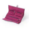 Custom purple leather jewelry roll bag with personalized branding and interior pockets for traveling jewelry organization