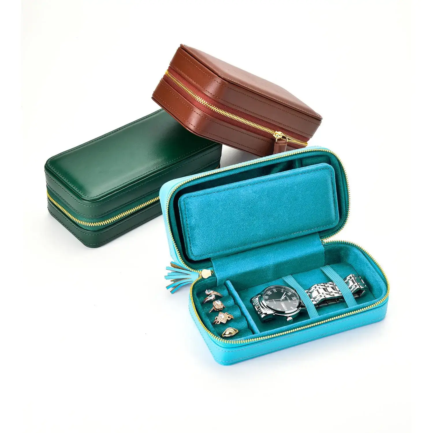 Custom leather jewelry storage case with adjustable compartments for watches, rings, and necklaces
