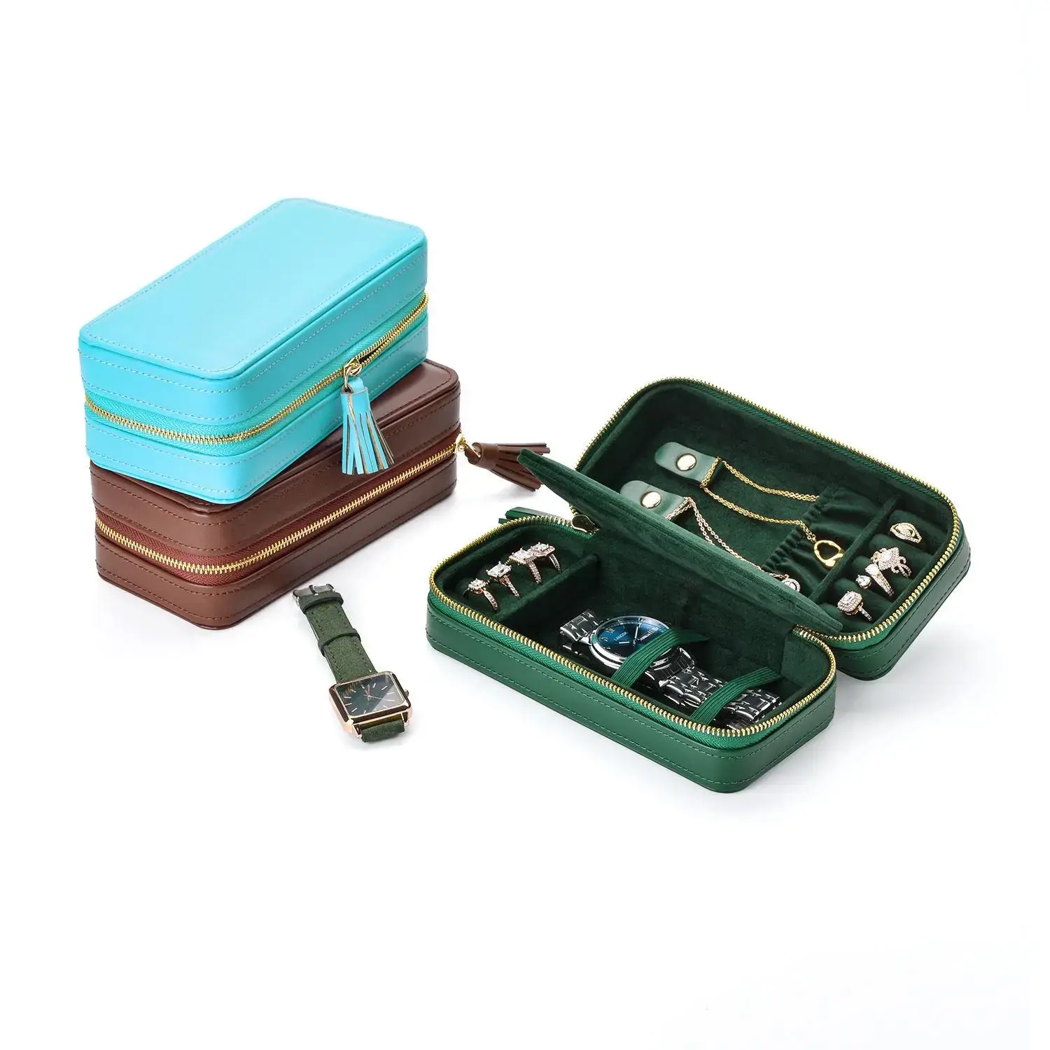 Custom leather jewelry storage case with adjustable compartments for watches, rings, and necklaces